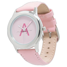 Hot Roze Modern Script Meisjes Monogram Naam Horloge