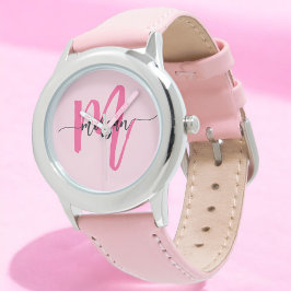 Hot Roze Modern Script Meisjes Monogram Naam Horloge