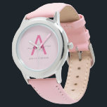Hot Roze Modern Script Meisjes Monogram Naam Horloge<br><div class="desc">Introductie van een tijdloos accessoire ontworpen voor mensen met een veeleisende smaak voor elegantie. Dit op maat gemaakte monogram horloge, met het hete roze initiaal "A" in een hedendaags script, combineert moeiteloos sophisticatie met een speelse pop van kleur. De zachte blush lederen band biedt comfort en luxe, terwijl het slanke...</div>
