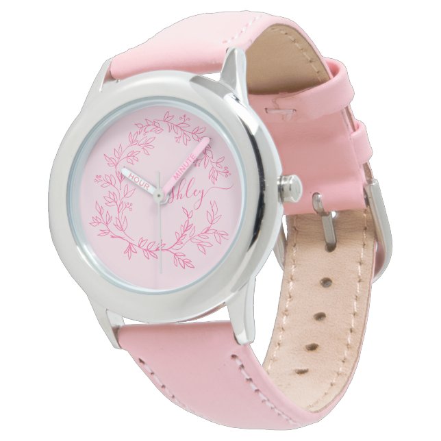 Hot Roze Modern Script Meisjes Monogram Naam Horloge (Gekanteld)