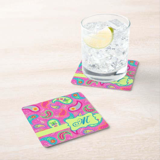 Hot-roze monogram Aangepast Modern Paisley Kartonnen Onderzetters (Insitu)
