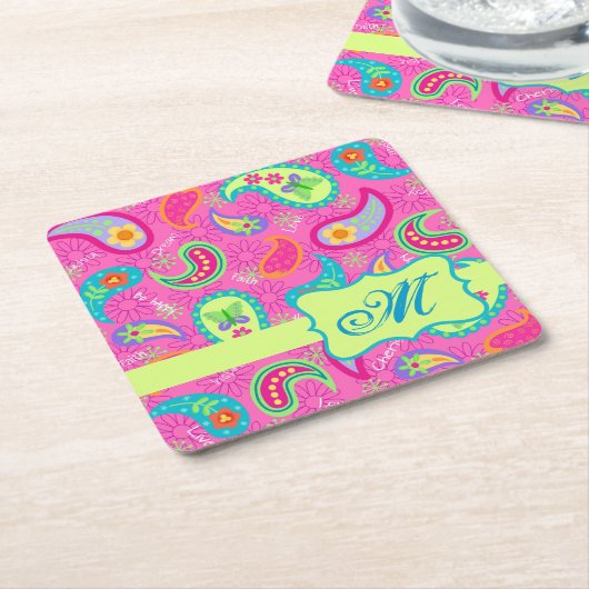 Hot-roze monogram Aangepast Modern Paisley Kartonnen Onderzetters (Schuin)