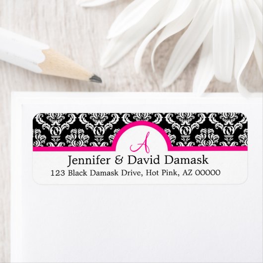 Hot-roze Monogram Damask Return Address Labels (Insitu)