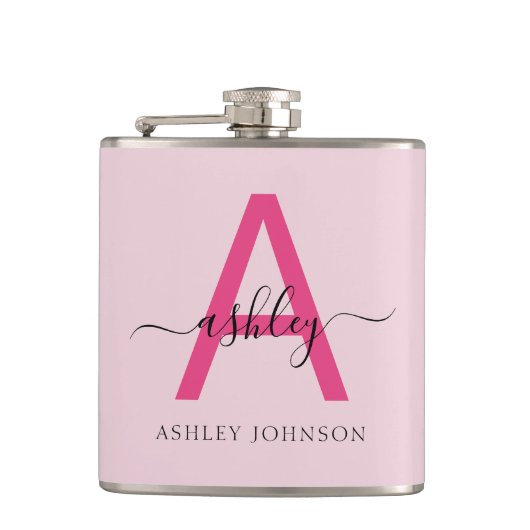 Hot Roze Monogram Meisje Bachelorette Party Flask Heupfles (Voorkant)