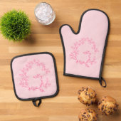 Hot Roze Monogram Meisje Keuken Script Oven Ovenwant & Pannenlap Set (Top down)