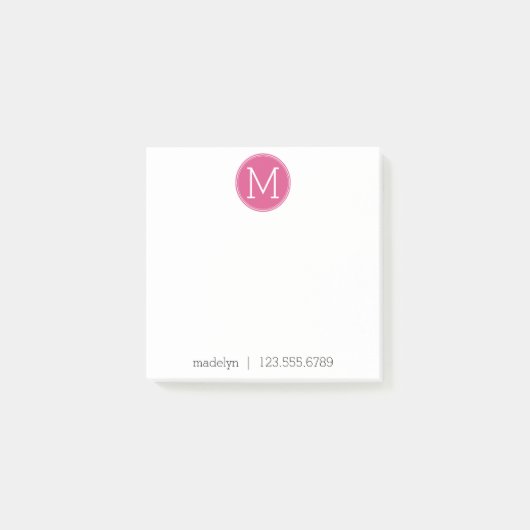 Hot-roze monogram met naam en contactnummer post-it® notes (Voorkant)