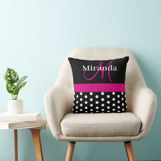 Hot-roze monogram Script Polka Dots Sierkussen (Stoel)