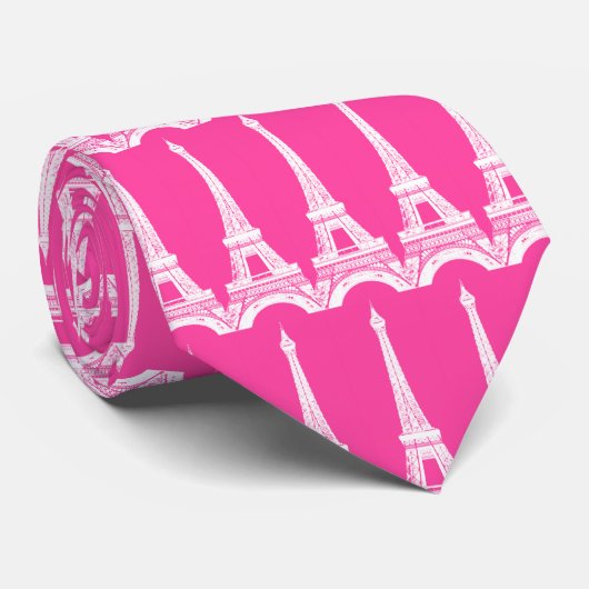 Hot-Roze-n-White Eiffeltorens Stropdas (Opgerold)