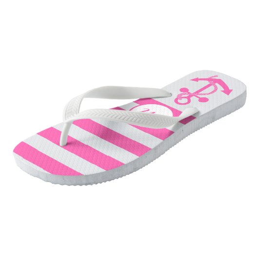 Hot-roze Nautical Anchor met strips en monogram Teenslippers (Schuin)