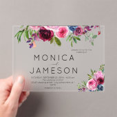 Hot Roze & Navy Blauwe Bloemen Huwelijk 2 Acryl Uitnodigingen (Insitu (Draagbaar))