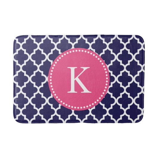 Hot-Roze Navy Custom Monogram Quatrefoil Patroon Badmat (Voorkant)