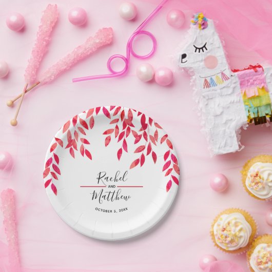 Hot-roze oliage bruiloft papieren bordje (Feest)