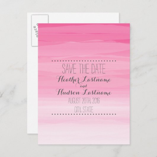 Hot-roze ombré bruiloft bespaart de datum aankondigingskaart (Voorkant / Achterkant)