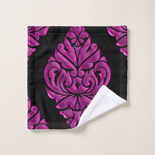 Hot-roze op Black DamaskTowel set Bad Handdoek (Wasdoekje)