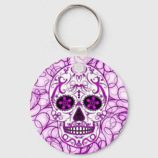 Hot Roze op Roze - Dag van de Dode Suikerschedel Sleutelhanger (Voorkant)