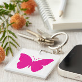 Hot Roze op Witte Vlinder Vierkant Sleutelhanger (Voorkant Rechts)
