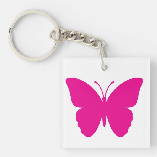 Hot Roze op Witte Vlinder Vierkant Sleutelhanger (voorkant)