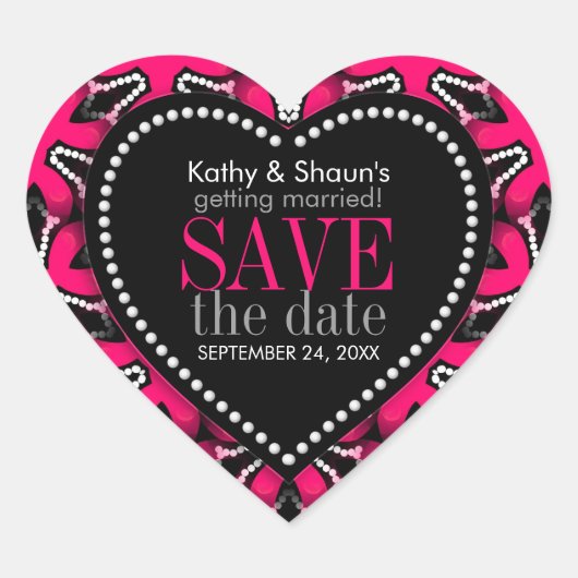 Hot Roze op Zwarte Moderne Bewaar de Datum Liefde Hart Sticker (Voorkant)