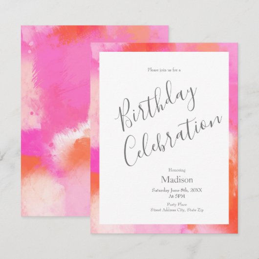 Hot-roze Oranje Abstracte borstelingsuitnodiging Kaart (Voorkant / Achterkant)