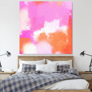 Hot-roze Oranje Abstracte penseelstreken Canvas Afdruk