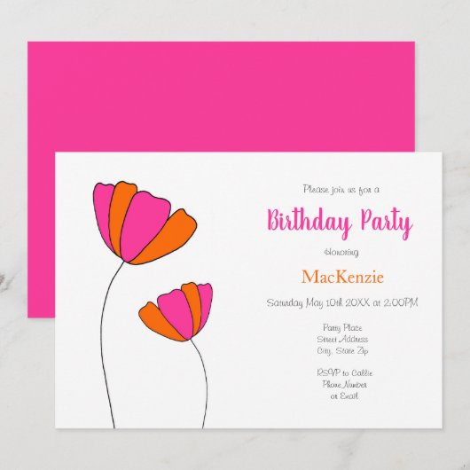 Hot-roze Oranje blokuitnodiging Kaart (Voorkant / Achterkant)