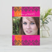 Hot-roze + Oranje + Damasfoto-uitnodigingen Kaart (Staand voorkant)