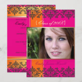 Hot-roze + Oranje + Damasfoto-uitnodigingen Kaart (Voorkant / Achterkant)