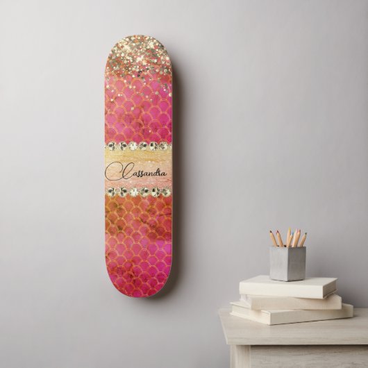 Hot-roze Oranje glitterige diamantband Persoonlijk Skateboard (Muurkunst)