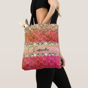 Hot-roze Oranje Glittery Diamond Bling Canvas tas