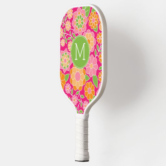 Hot-roze Oranje groene bloemen met aangepast monog Pickleball Paddle (Links)