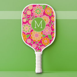 Hot-roze Oranje groene bloemen met aangepast monog Pickleball Paddle