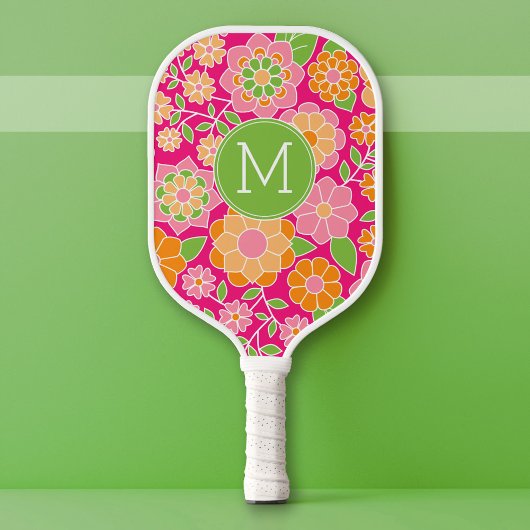 Hot-roze Oranje groene bloemen met aangepast monog Pickleball Paddle