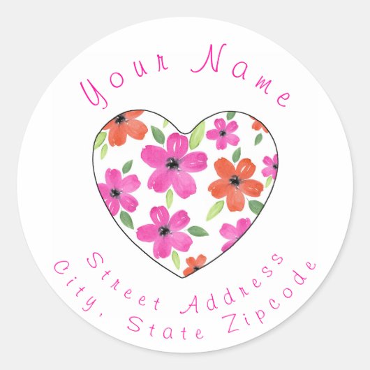 Hot-roze Oranje Waterverf Floral Heart Label (Voorkant)