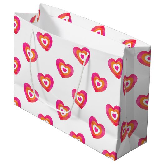 Hot-roze Oranje Waterverf Heart Patroon Groot Cadeauzakje (Voorkant Gekanteld)