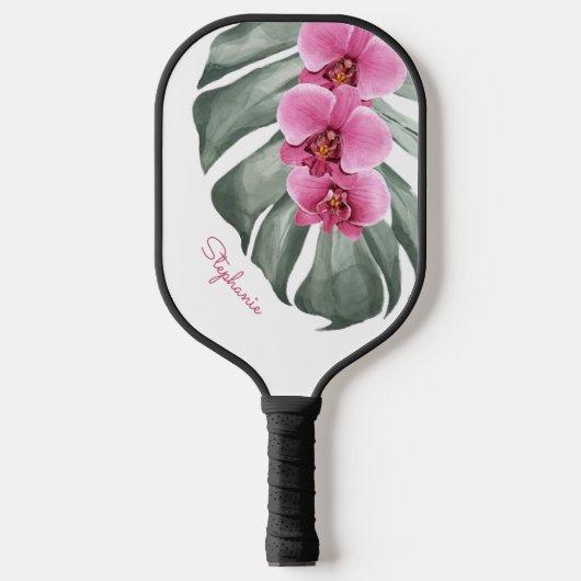 Hot-roze orchideeën op Monstera Leaf met naam Pickleball Paddle (Voorkant)