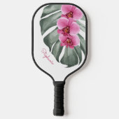 Hot-roze orchideeën op Monstera Leaf met naam Pickleball Paddle (Achterkant)