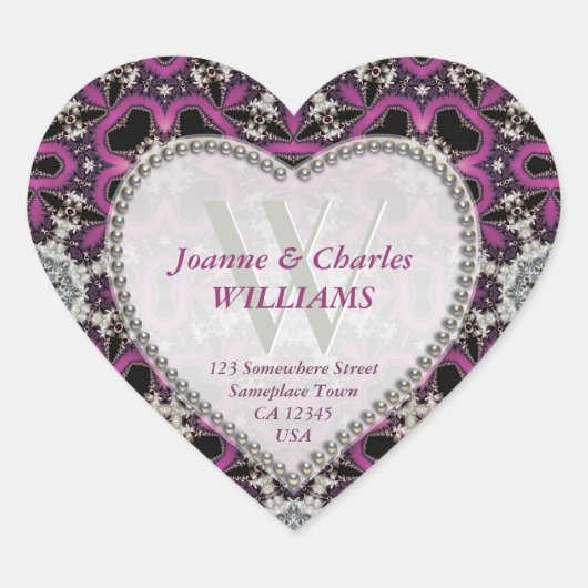 Hot-roze Paars +Black Lace Monogrammerkers Hart Sticker (Voorkant)
