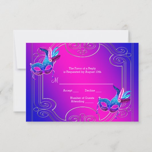 Hot Roze Paarse Masquerade Party RSVP Kaartje (Achterkant)