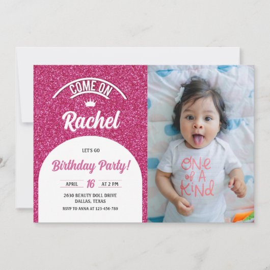 Hot roze pop foto uitnodigen, Mode poppenfeest Kaart (Voorkant)