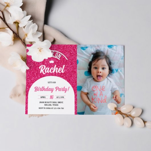 Hot roze pop foto uitnodigen, Mode poppenfeest Kaart