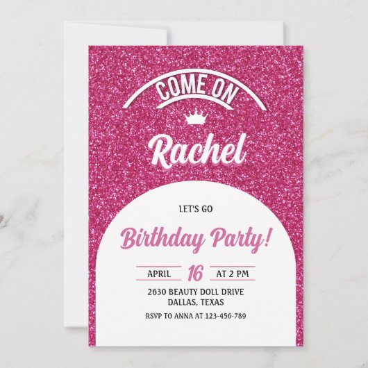 Hot roze pop uitnodigen, Mode poppenfeest Kaart (Voorkant)