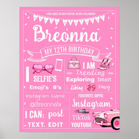 Hot Roze pop verjaardagsfeestje mijlpaal teken 107 Poster (Voorkant)