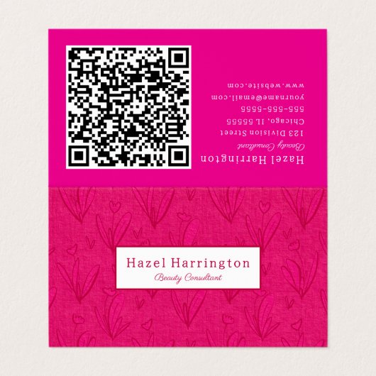 Hot Roze QR Code Gevouwen Visitekaartje Bloemen (Buitenkant ongevouwen)
