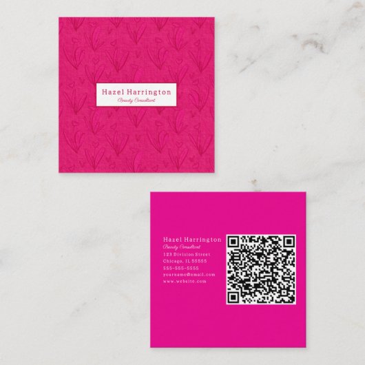 Hot Roze QR Code Vierkant Visitekaartje Bloemen (Voorkant / Achterkant)