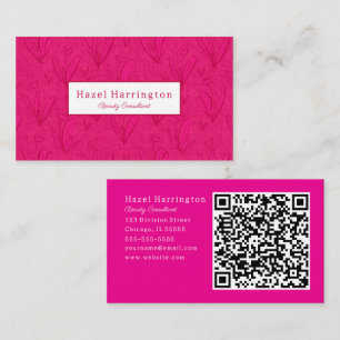Hot Roze QR Code Visitekaartje Floral Minimalist