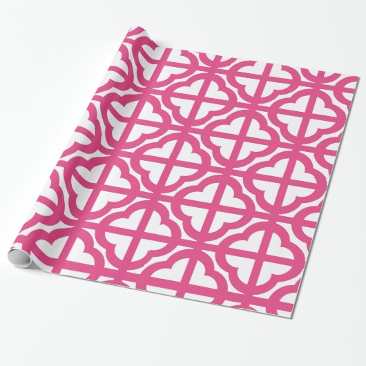 Hot-Roze Quaterfoil Lattice Quarter Wrapping Paper Cadeaupapier (Uitgerold)