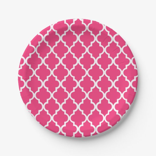 Hot-roze Quatrefoil Tegels Patroon Papieren Bordje (Voorkant)
