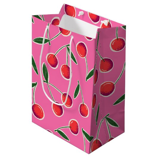 Hot Roze Retro Berry Cherry Verjaardag Gift Bag Medium Cadeauzakje (Voorkant Gekanteld)
