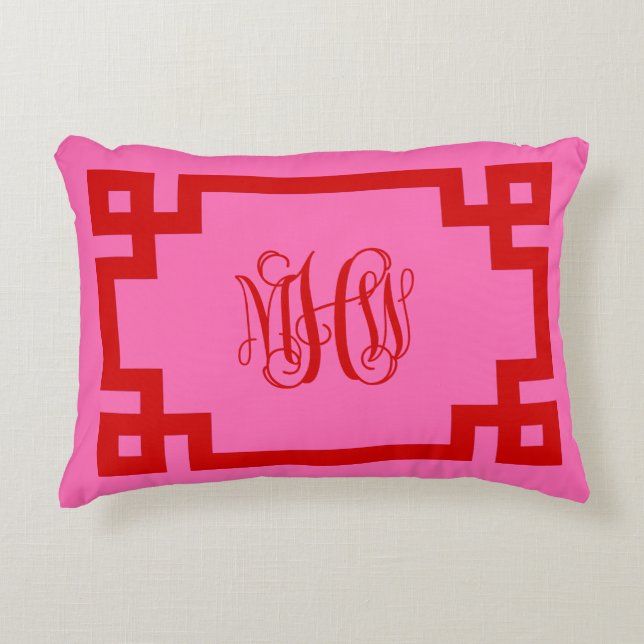 Hot-roze rode Griekse sleutelwijnmonogram DIY BG Accent Kussen (Voorkant)
