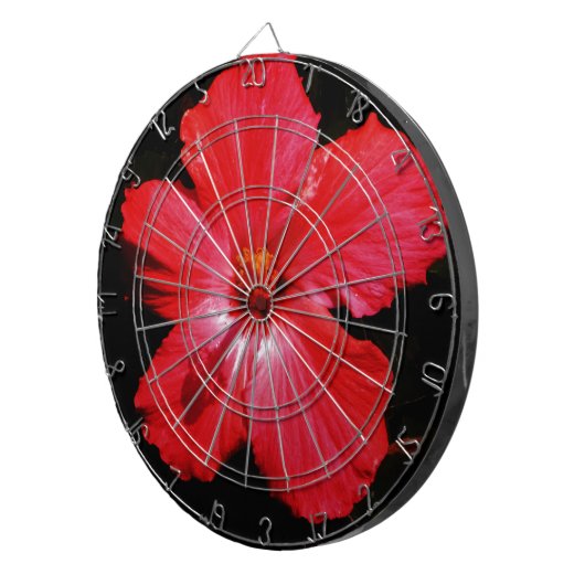 Hot-roze rode hibiscus-bloem op zwart dartbord (Voorkant Rechts)